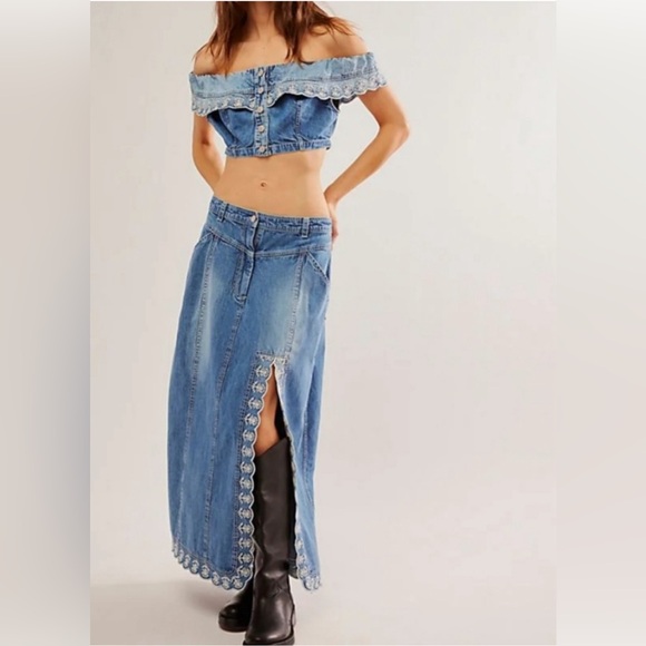Free People Denim Embroidered Maxi Skirt and Cropped Top Set size 6 - Picture 1 of 9